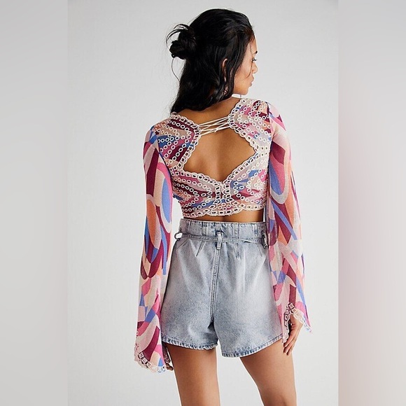 𝓯𝓹 Free People ~ Eyes on You Bell Sleeve Eyelet Mesh Crop Top - Picture 3 of 13
